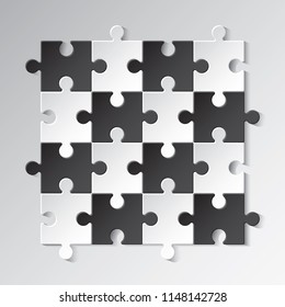 Jigsaw Puzzle 16 Pieces Editable Escher Style Composition Ready for Multiplication Blank Template - Black and White Tiles on Grey Background - Vector Mixed Graphic Design