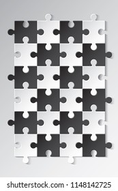 Jigsaw Puzzle of 24 Pieces Vertical Editable Escher Style Composition Ready for Multiplication Blank Template - Black and White Tiles on Grey Background - Vector Mixed Graphic Design