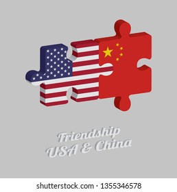 Jigsaw puzzle 3D of America flag and China flag with text: Friendship USA & China. Concept of Friendly or good compatibility between both countries.