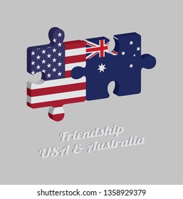 Jigsaw puzzle 3D of America flag and Australia flag with text: Friendship USA & Australia. Concept of Friendly or good compatibility between both countries.