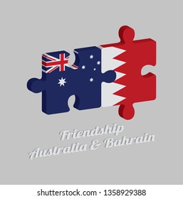 Jigsaw puzzle 3D of Australia flag and Bahrain flag with text: Friendship Australia & Bahrain. Concept of Friendly or good compatibility between both countries.