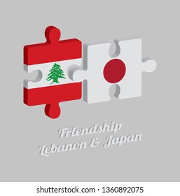 Jigsaw puzzle 3D of Lebanon flag and Japan flag with text: Friendship Lebanon & Japan. Concept of Friendly or good compatibility between both countries.