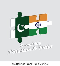 Jigsaw puzzle 3D of Pakistan flag and India flag with text: Friendship Pakistan and India. Concept of Friendly or good compatibility between both countries.