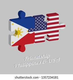 Jigsaw puzzle 3D of Philippines flag and America flag with text: Friendship Philippines & USA. Concept of Friendly or good compatibility between both countries.