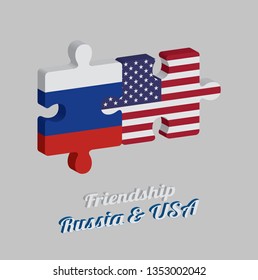 Jigsaw puzzle 3D, of Russia flag and America flag with text: Friendship Russia & USA. Concept of Friendly or good compatibility between both countries.