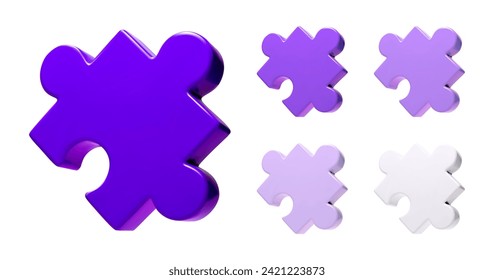 Jigsaw puzzle 3d set. Bright bold purple and pastel blue or white glossy pieces in isometric cartoon style. Vector matching game part illustration isolated