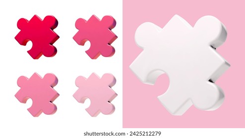 Jigsaw puzzle 3d set. Bright bold red and pastel pink or white glossy pieces in isometric cartoon style. Vector matching game part illustration isolated