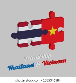 Jigsaw puzzle 3D of Thai flag and Vietnam flag with text: Friendship Thailand & Vietnam. Concept of Friendly or good compatibility between both countries.