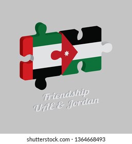 Jigsaw puzzle 3D of UAE flag and Jordan flag with text: Friendship UAE & Jordan. Concept of Friendly or good compatibility between both countries.