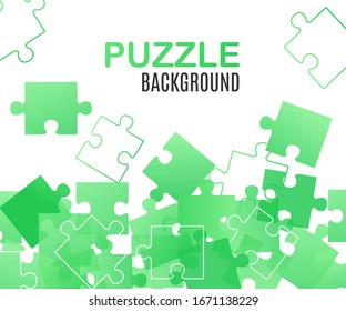 Jigsaw puzzle abstract banner background in green tints, realistic vector illustration. Social media publication or business advertising poster template.
