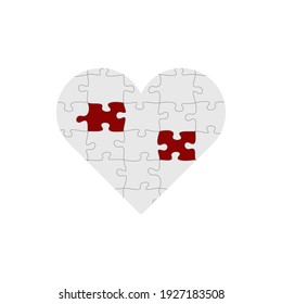 Jigsaw puzzle with all its pieces put together forming a big red heart of love with two standing out pieces. Stock Vector illustration isolated