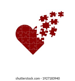 Jigsaw puzzle with all its pieces put together forming a big red heart of love. Stock Vector illustration isolated