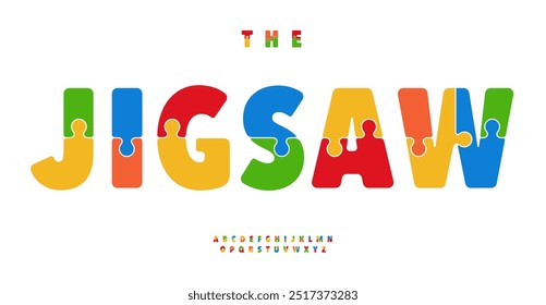 Alfabeto de rompecabezas, letras coloridas y juguetonas, fuente audaz para niños para juguetes y aprendizaje, diseño de titular vibrante, tipografía educativa infantil para el logotipo del juego de mesa. Vector typeset.