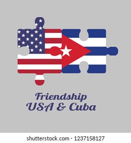 Jigsaw puzzle of America flag and Cuba flag with text: Friendship USA & Cuba. Concept of Friendly or good compatibility between both countries.