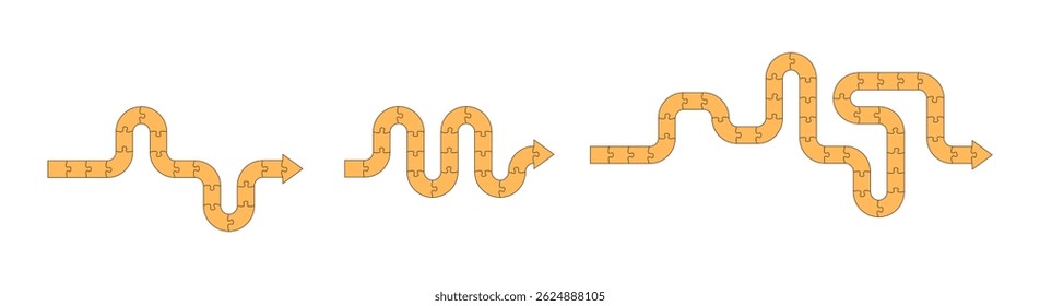 Jigsaw puzzle arrow for infographics. Direction steps concept. Turn, cycle, straight direction, snake movement.