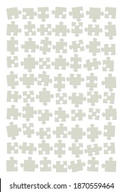 Rompecabezas en la parte trasera. Dispersas, barajadas y variadas piezas de cartón verde, pero aún no juntas. Ilustración vectorial aislada sobre fondo blanco.
