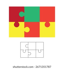 Jigsaw puzzle background, blank 2x3 puzzle template, colorful isolated on white, vector illustration.