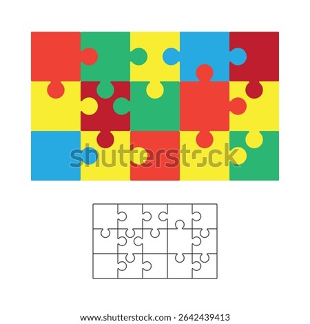 Jigsaw puzzle background, blank 3x5 puzzle template, colorful isolated on white, vector illustration.