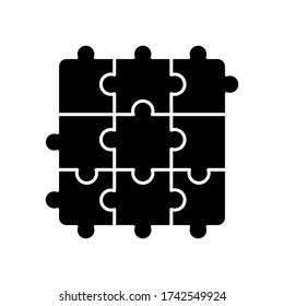 Jigsaw puzzle black glyph icon. Traditional intellectual pastime, educational leisure game silhouette symbol on white space. Recreational activity. Combined puzzle pieces vector isolated illustration