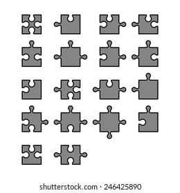 Jigsaw puzzle blank parts constructor. All possible parts.