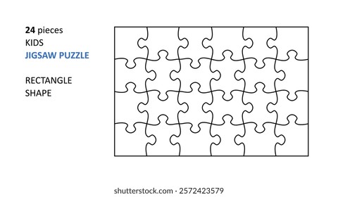 Jigsaw puzzle blank template. Cutting lines grid design for kids jigsaw rectangle puzzle - 24 pieces.