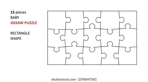 Jigsaw puzzle blank template. Cutting lines grid design for baby jigsaw rectangle puzzle - 15 pieces.