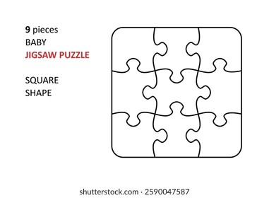 Jigsaw puzzle blank template. Cutting lines grid design for baby jigsaw square puzzle - 9 pieces.