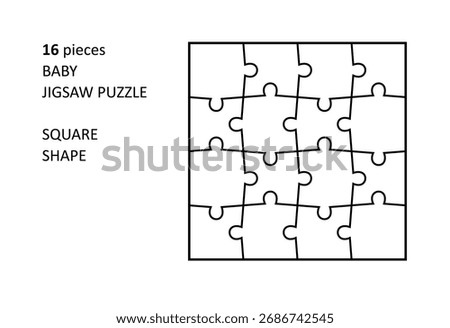 Jigsaw puzzle blank template. Cutting lines grid design for baby jigsaw square puzzle - 16 pieces.
