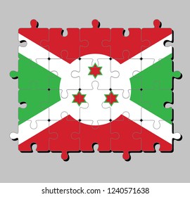 Jigsaw puzzle of Burundi flag in A white diagonal cross divided into four panels of red and green and three star. Concept of Fulfillment or perfection.