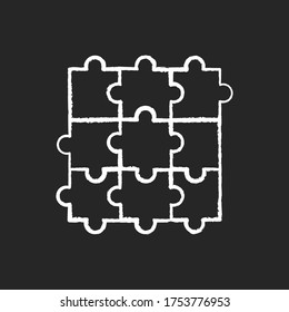 Jigsaw puzzle chalk white icon on black background. Traditional intellectual pastime, educational leisure game. Recreational activity. Combined puzzle pieces isolated vector chalkboard illustration