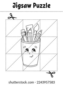 Jigsaw puzzle. Coloring page for kids. Back to school theme. Vector illustration.