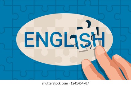 Jigsaw Puzzle concept of English  language, assembled with hands, vector illustration