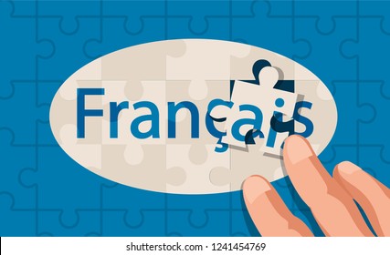 Jigsaw Puzzle concept of French language, assembled with hands, vector illustration