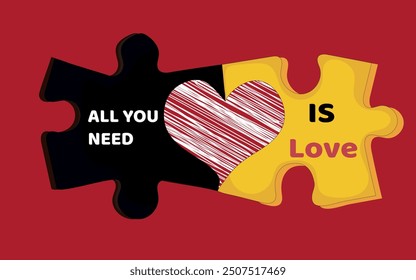 jigsaw puzzle concept.Two pieces with red heart shape on red background. Concept of perfect couple, love, complement each other. Illustration for valentine card, wedding, romantic