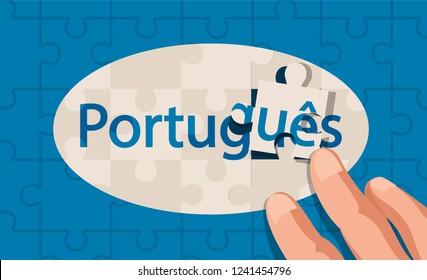 Jigsaw Puzzle concept of Portuguese language, assembled with hands, vector illustration