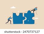 Jigsaw puzzle connection, teamwork partnership to help solve problem or challenge, cooperation or brainstorm to fit and match jigsaw pieces concept, businessman and woman help connect jigsaw puzzle.