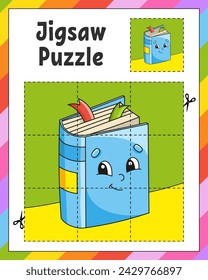 Jigsaw Puzzle. Cut and play. Square puzzle. Logic game for kids. Activity page. Cutting practice for preschool. cartoon character. Vector illustration.