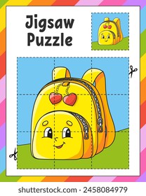 Jigsaw Puzzle. Cut and play. Square puzzle. Logic game for kids. Activity page. Cutting practice for preschool. cartoon character. Vector illustration.