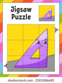 Jigsaw Puzzle. Cut and play. Square puzzle. Logic game for kids. Activity page. Cutting practice for preschool. cartoon character. Vector illustration.