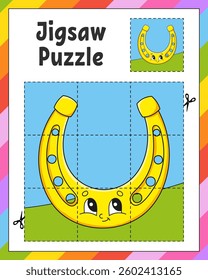 Jigsaw Puzzle. Cut and play. Square puzzle. Logic game for kids. Activity page. Cutting practice for preschool. cartoon character. Vector illustration.