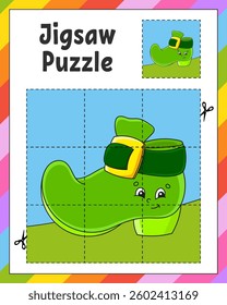 Jigsaw Puzzle. Cut and play. Square puzzle. Logic game for kids. Activity page. Cutting practice for preschool. cartoon character. Vector illustration.