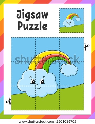 Jigsaw Puzzle. Cut and play. Square puzzle. Logic game for kids. Activity page. Cutting practice for preschool. cartoon character. Vector illustration.