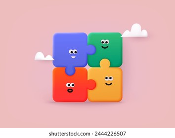 Jigsaw puzzle. Cute cartoon face. team concept. Various Emotions. Tiling puzzle. Puzzles parts. 3D Web Vector Illustrations.