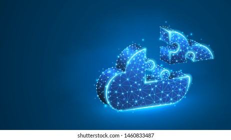 Jigsaw Puzzle database cloud service. Business infographic presentation, data integrity concept. Abstract, digital, wireframe, low poly mesh, vector blue neon 3d illustration. Line dot