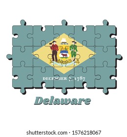 Jigsaw puzzle of Delaware flag, yellow diamond shape on green with coat of arms of the state and the date December 7, 1787. The states of America, Concept of Fulfillment or perfection.