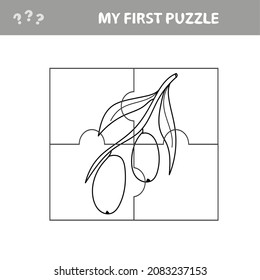 Jigsaw puzzle, education game for children. Fruits and vegetables, olives branch. My firat puzzle and coloring page