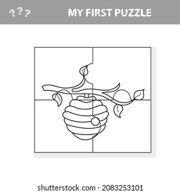 Jigsaw puzzle, education game for children, Bee hive. My first puzzle and coloring page