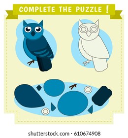 Jigsaw Puzzle Education Game. Cut out the shapes and create the cute bird. Owl craft.