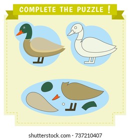 Jigsaw Puzzle Education Game. Cut out the shapes and create the cute bird. Duck craft.