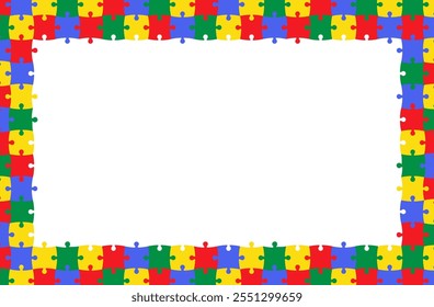 Jigsaw puzzle frame with empty space for your text or design. Colorful template for invitation, card, web banner, announcement poster.